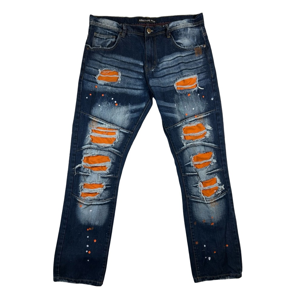 Arketype Mens Distressed Orange Patch Paint Splatter Jeans Dark Wash 38x34